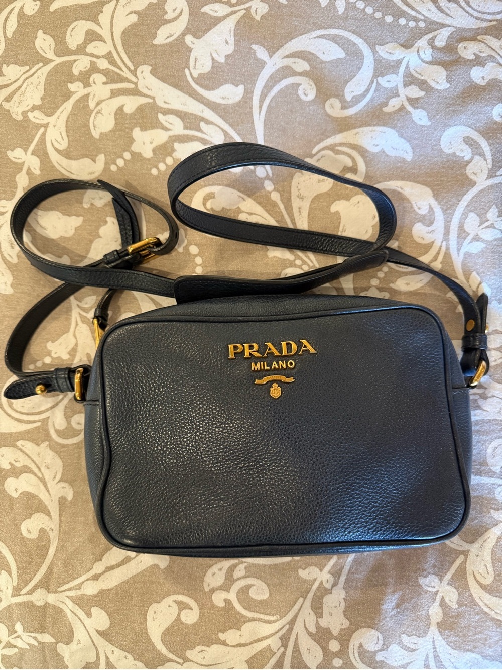 Prada Black Pebbled Leather Crossbody with Gold Logo- camera bag